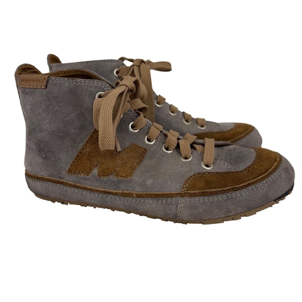 Merrell Leather Mid Top Sneaker Womens Size 6 Gray Brown Suede Lace Up Bootie